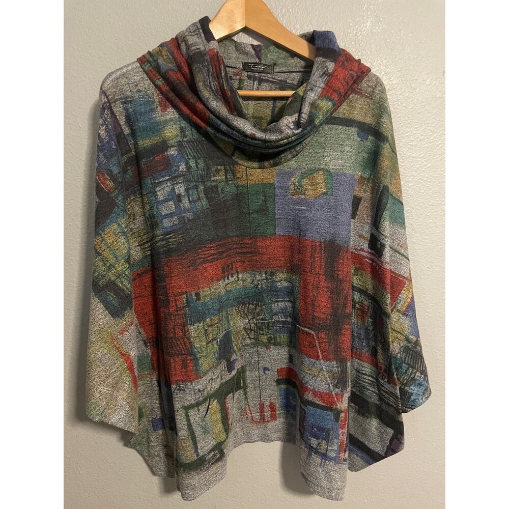 Inoah Cape Sweater Womens Large Multicolor Abstract Cowl Neck Boxy Artsy Boho